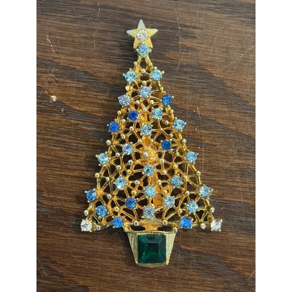 Vintage Gold-Tone Christmas Tree Brooch With Green & Blue Rhinestones - Picture 1 of 3